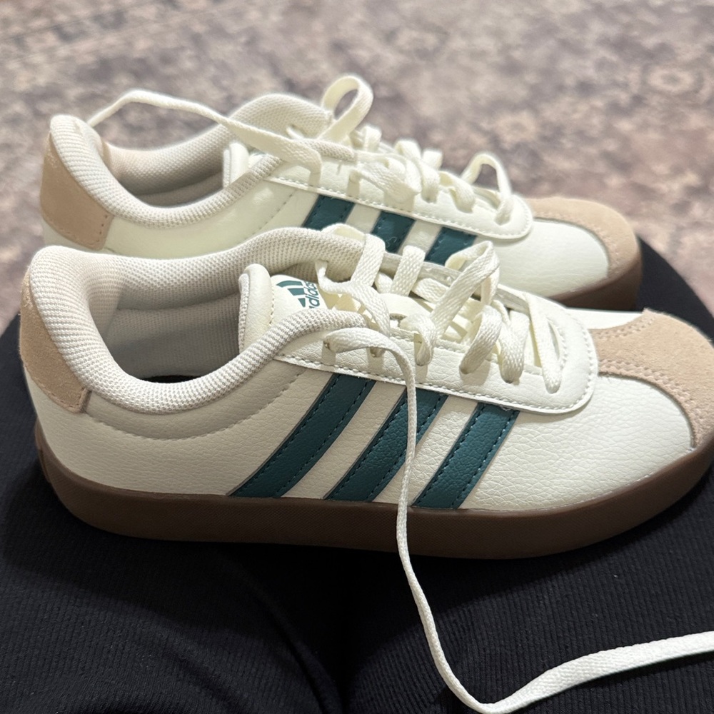 Adidas Cream and Tan Sneakers with Green Stripes